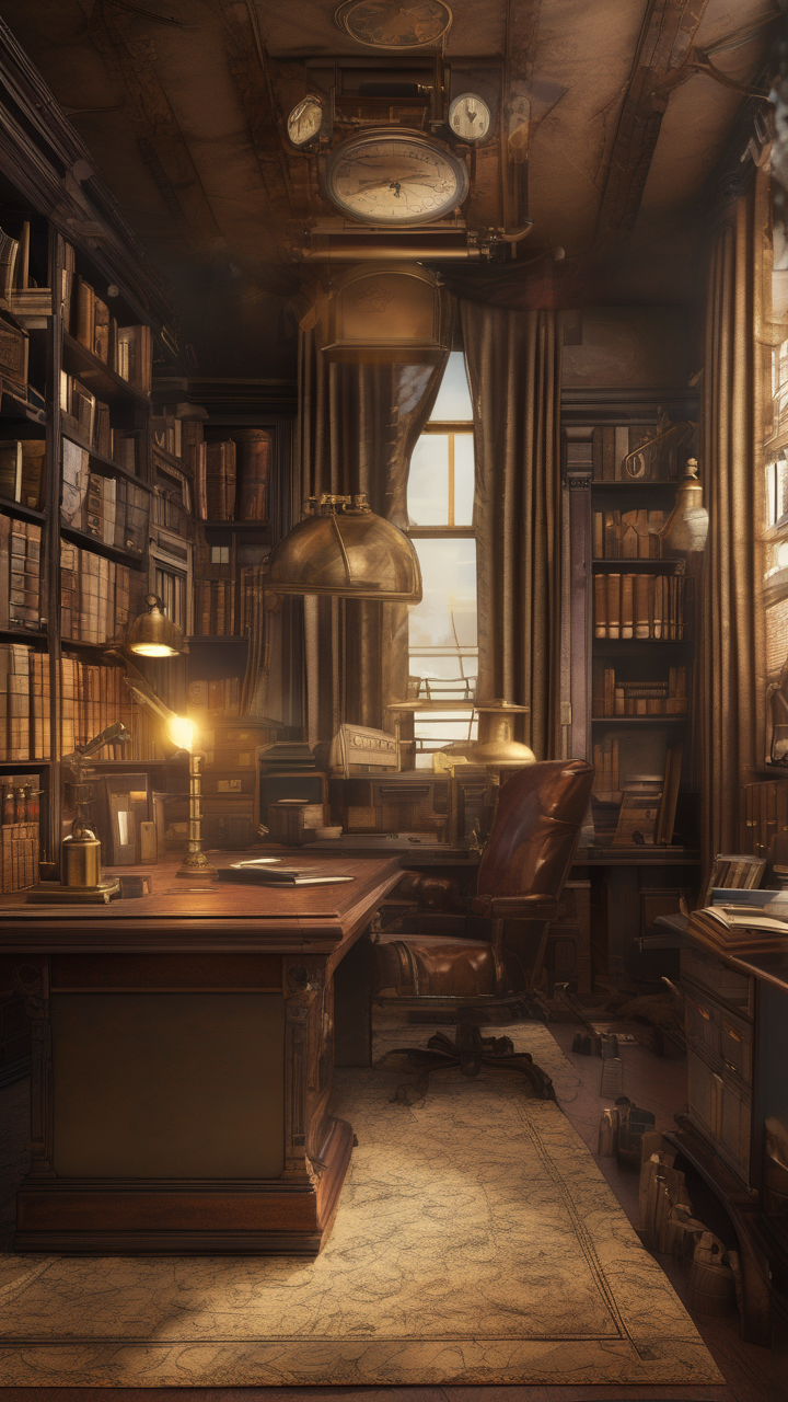 Steampunk detective agency — gas-lit office