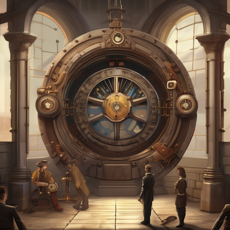 Steampunk portal room — a ring of clockwork opening a dimensional gateway