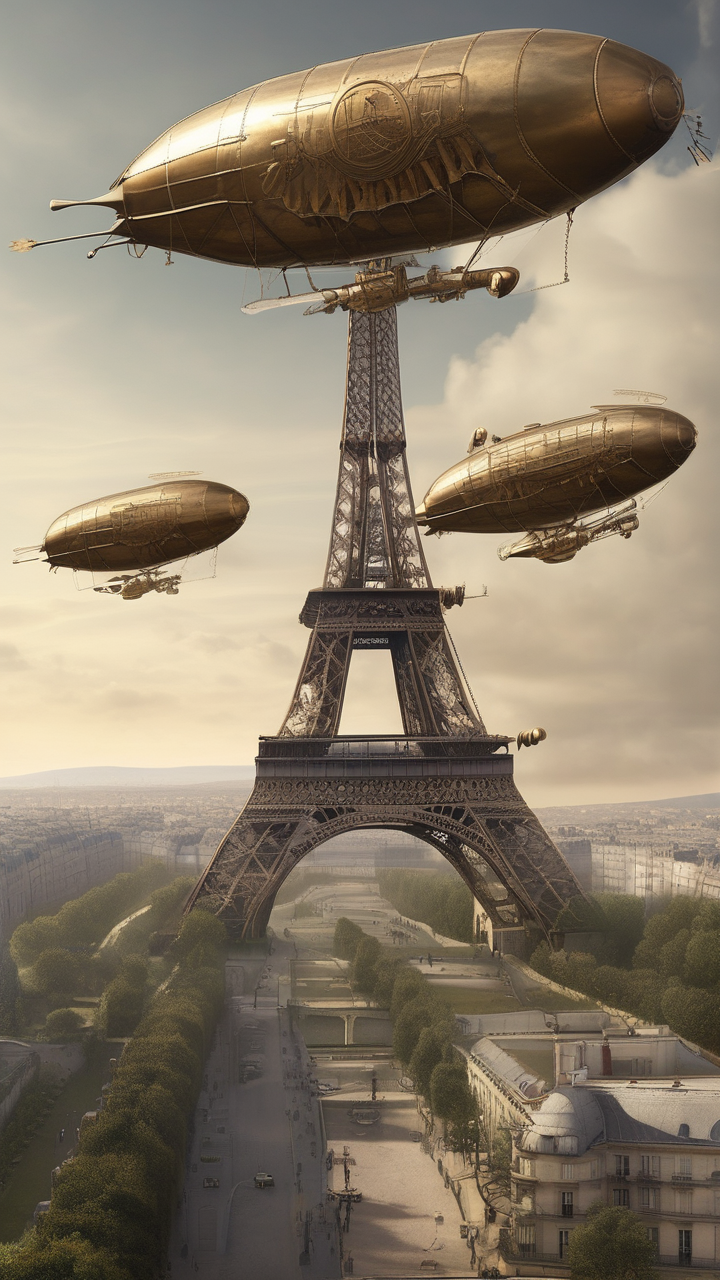Steampunk Paris — the Eiffel Tower reimagined as a brass broadcasting antenna