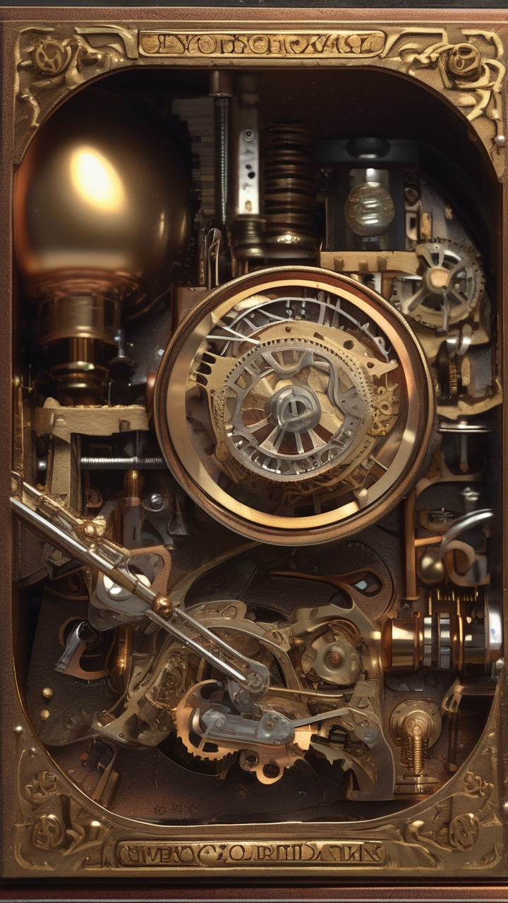 A steampunk music box interior macro — tiny geared melody instruments