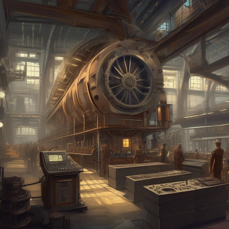 A steampunk power plant interior — enormous turbines