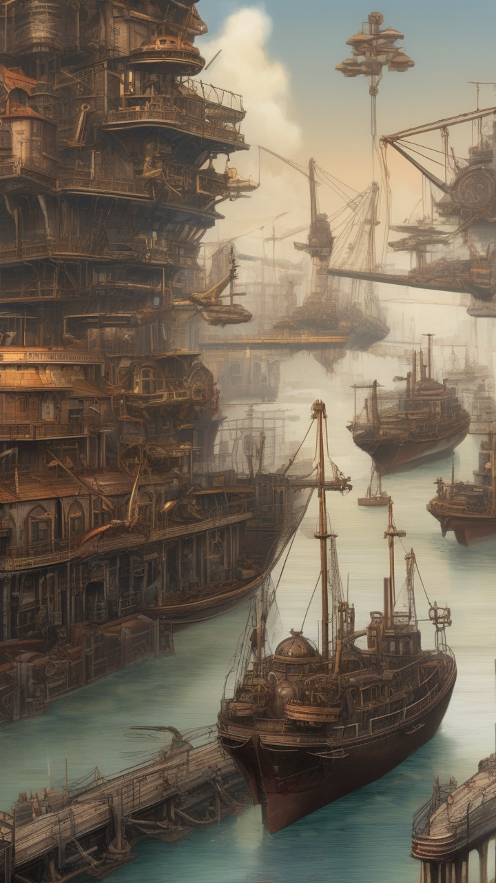 A steampunk harbor city — cranes loading airships and ships simultaneously
