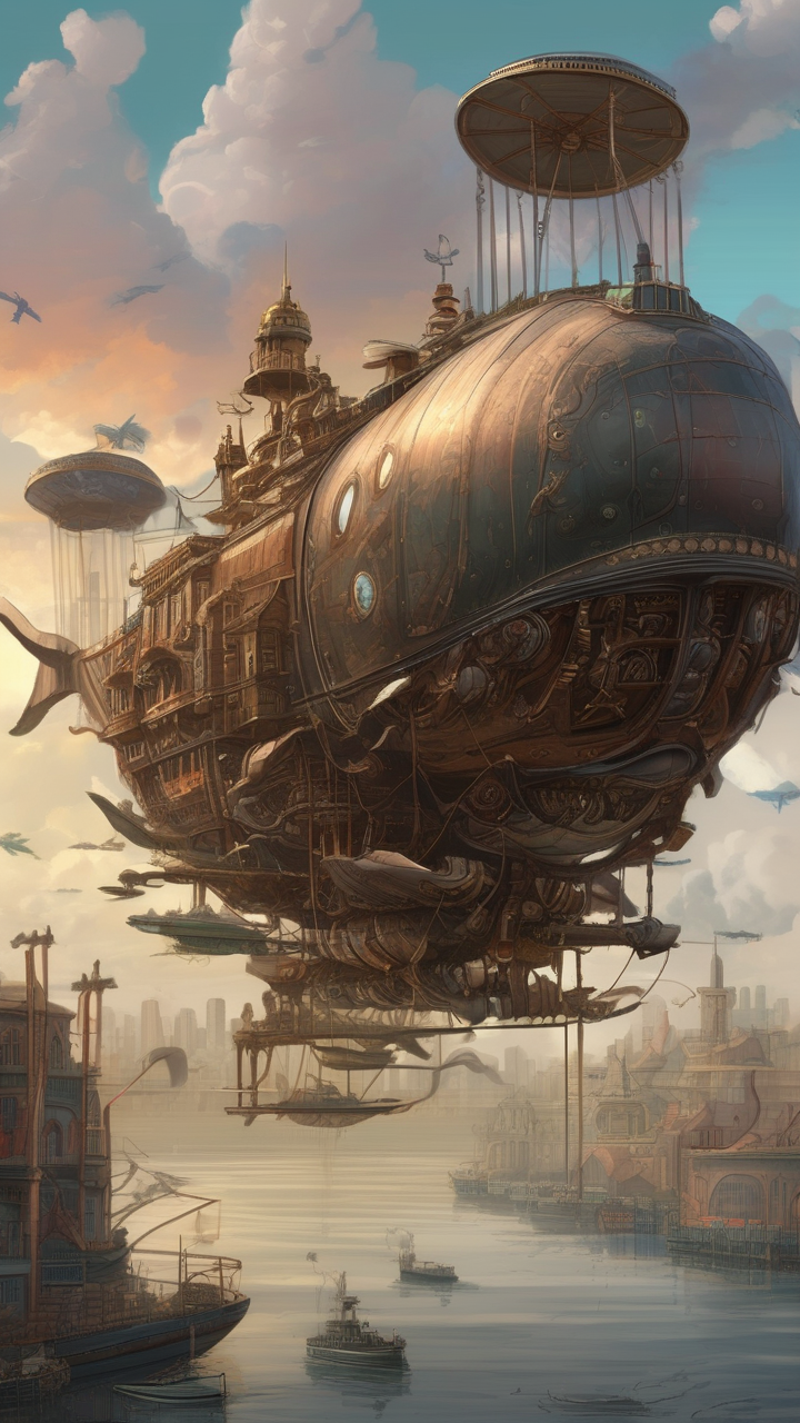 A steampunk sky whale — an enormous creature with a city on its back