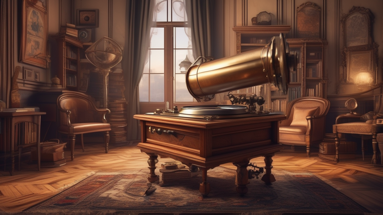 A steampunk phonograph in a Victorian study playing to no one