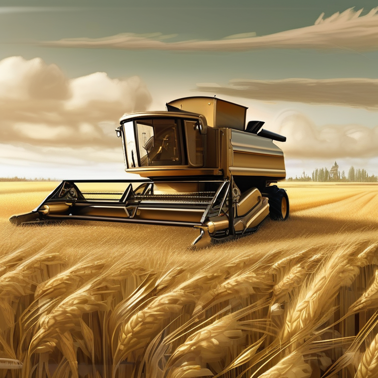 Steampunk agricultural machinery — a brass combine harvester in golden wheat fields