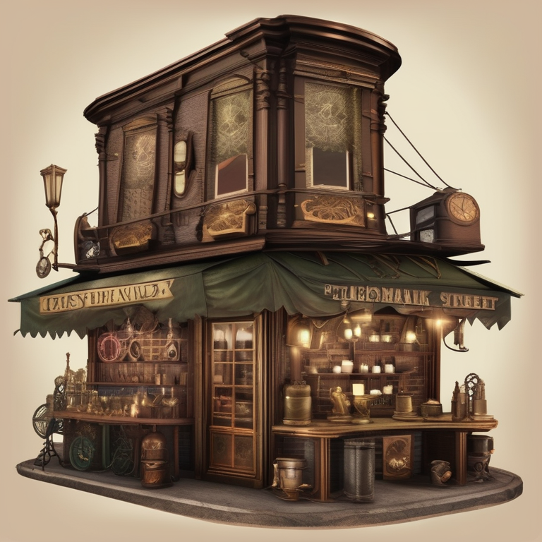 Steampunk street market — traders selling clockwork gadgets and potions