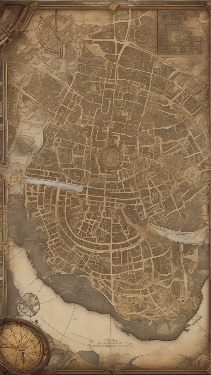 A steampunk city map — hand-drawn and detailed