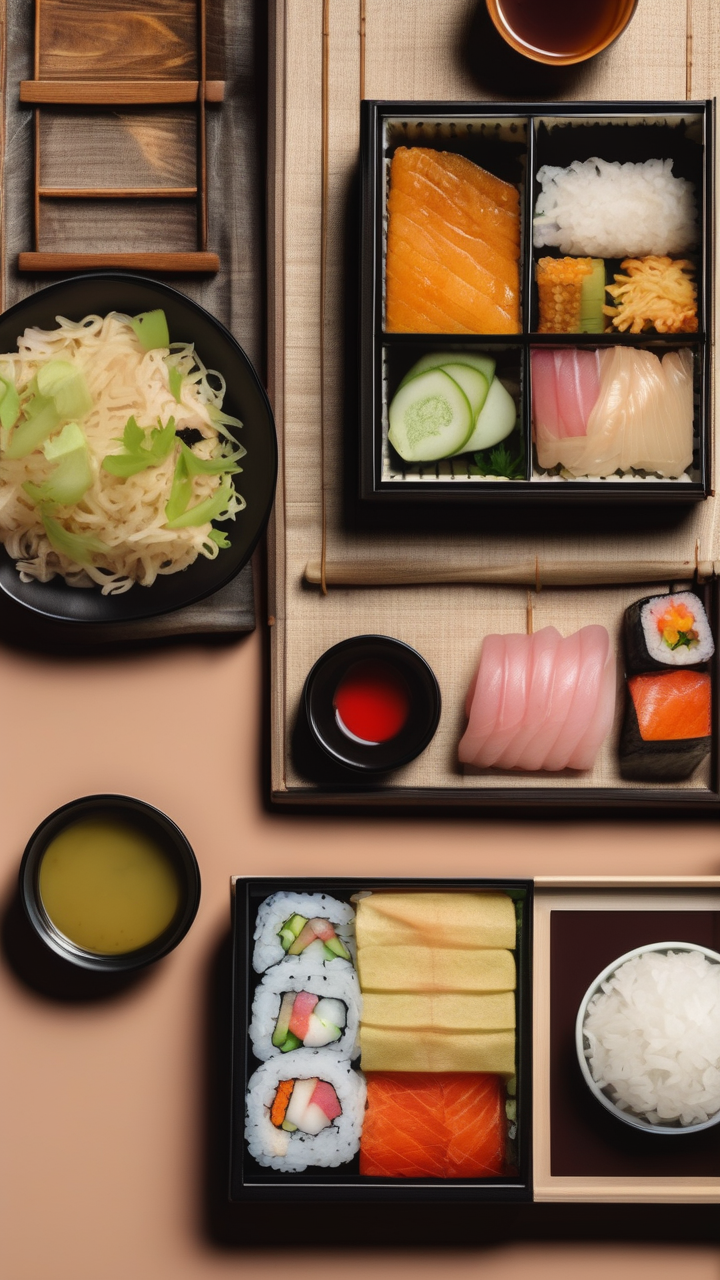 Overhead flat lay of a Japanese bento box