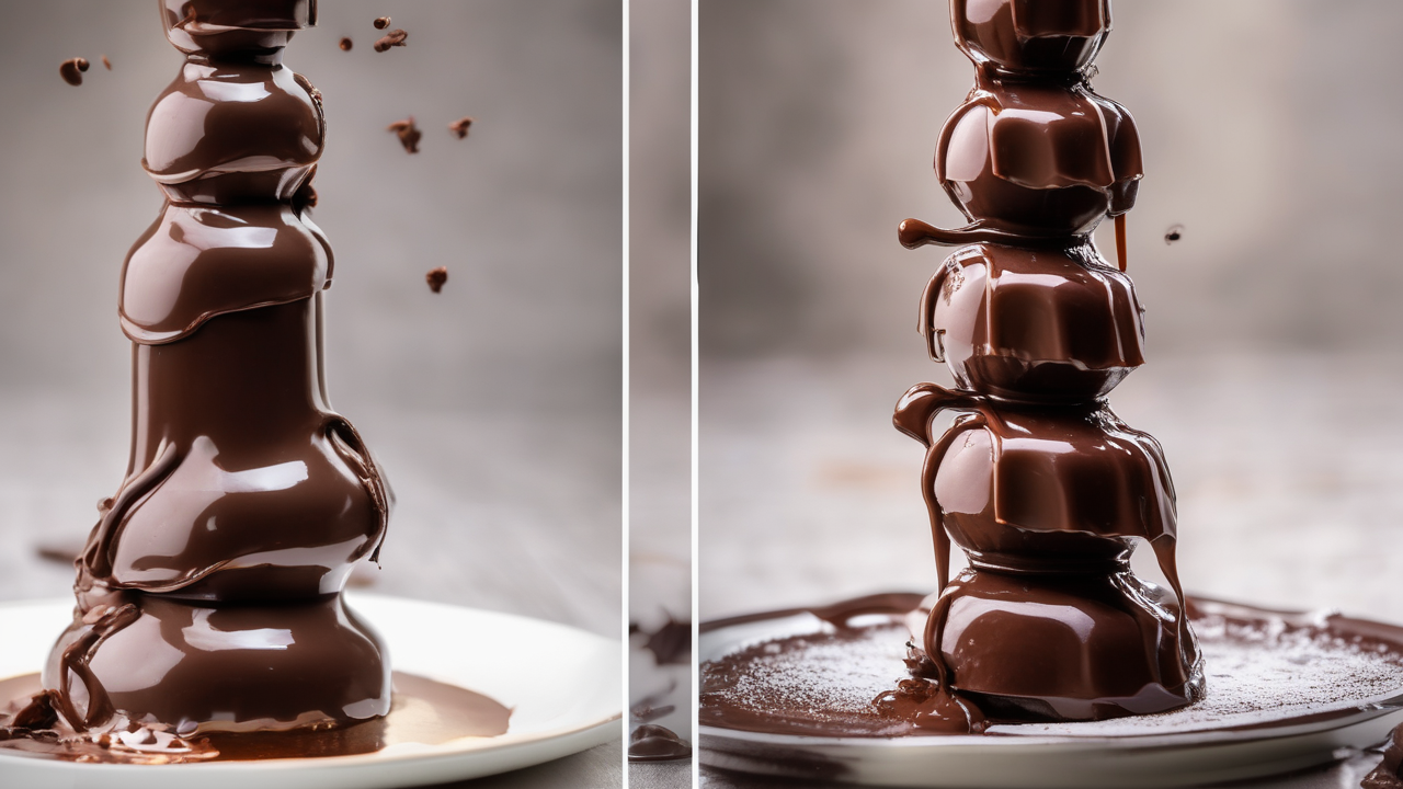 Chocolate fountain closeup — dark chocolate flowing over a cake tier