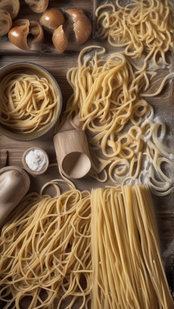Pasta being pulled fresh from boiling water