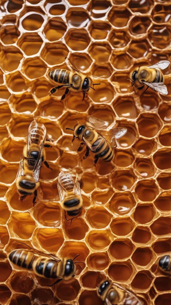 Macro photograph of a bee on a honeycomb
