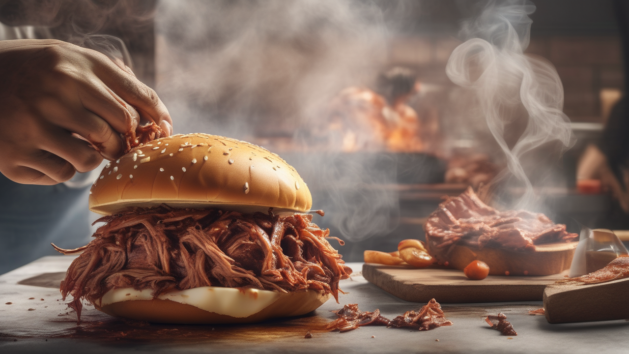 A pulled pork barbecue sandwich being assembled