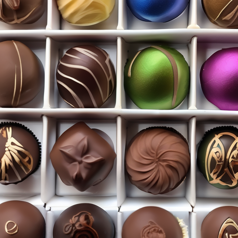 Artisan chocolate bonbons lined in a box