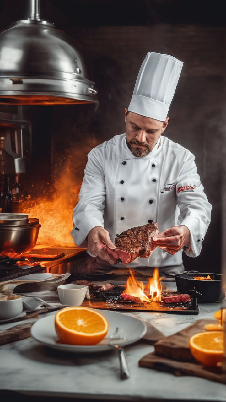 A chef's flame-up moment — steak being flambéed
