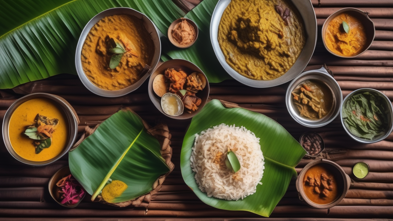 A Sri Lankan curry spread on banana leaf