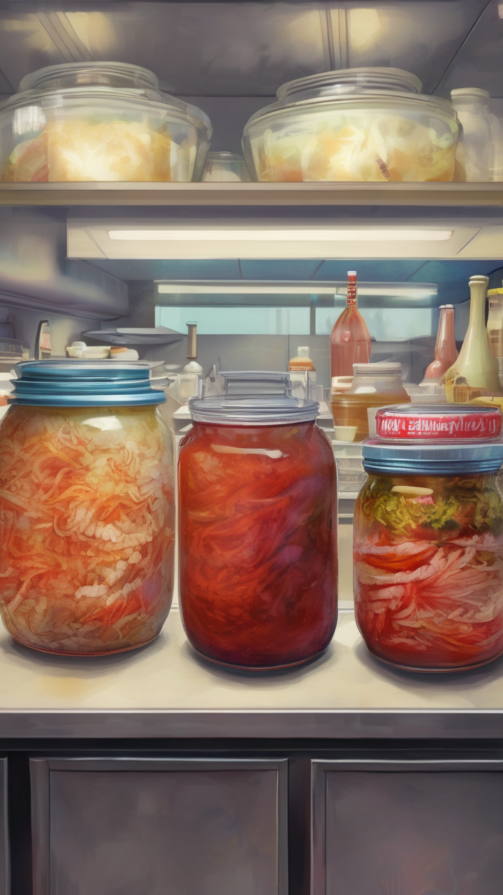 Fermentation jars in a diner kitchen — kimchi