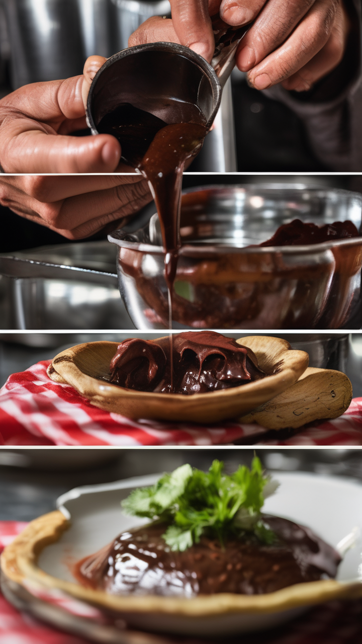 Mole negro sauce being poured over turkey — Mexico's most complex sauce