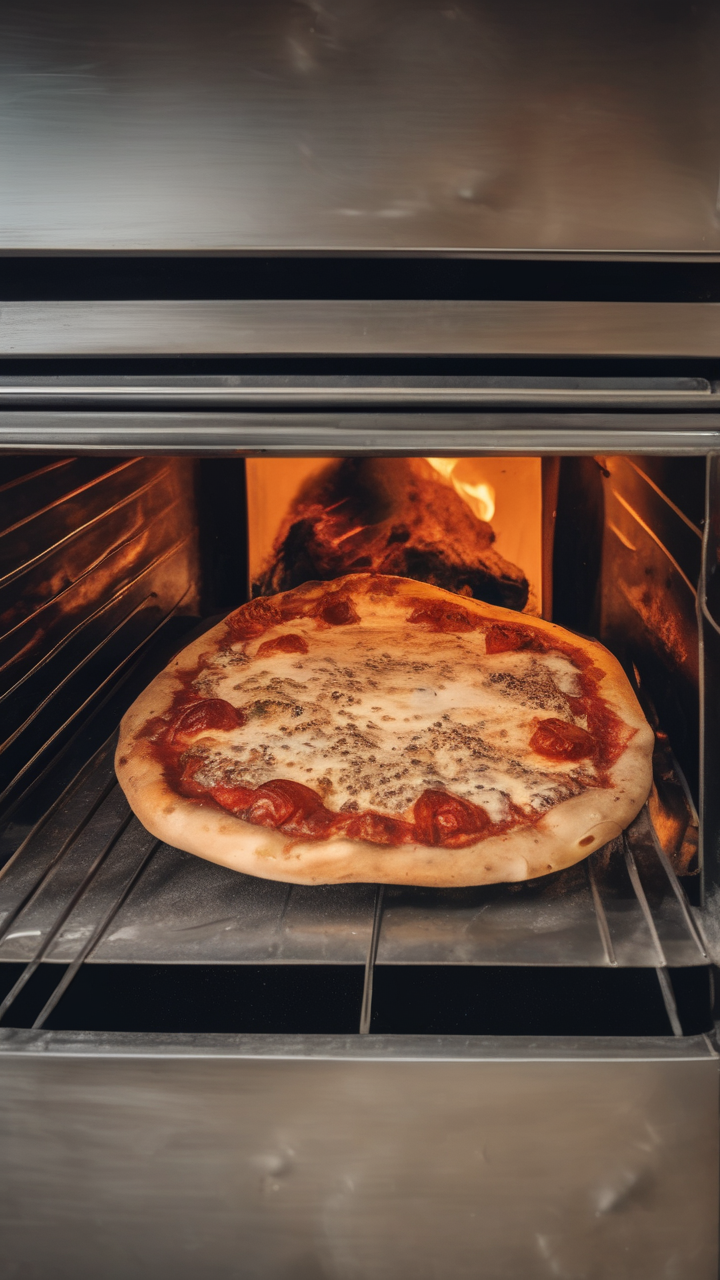 A wood-fired Neapolitan pizza emerging from the oven