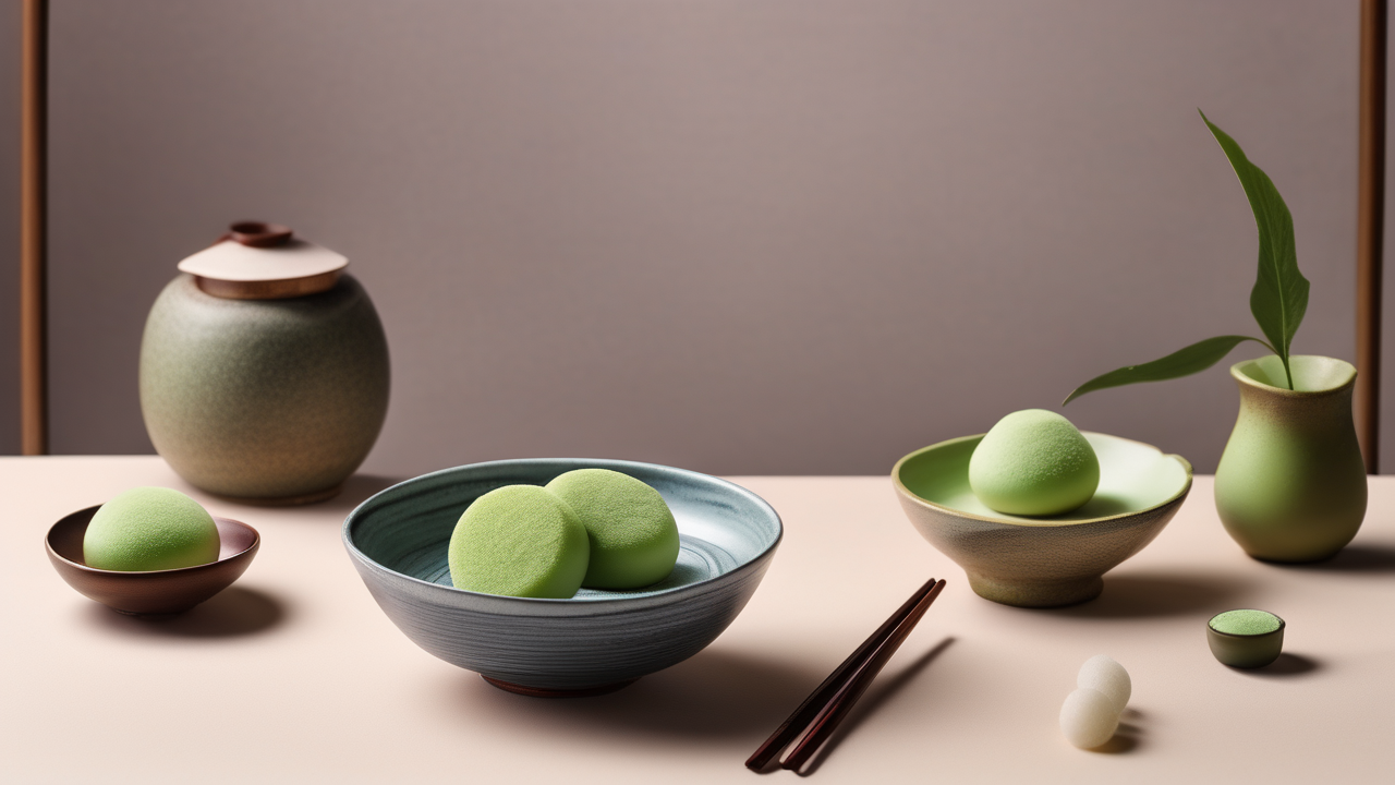 A Japanese wagashi set — delicate seasonal sweets beside a bowl of matcha
