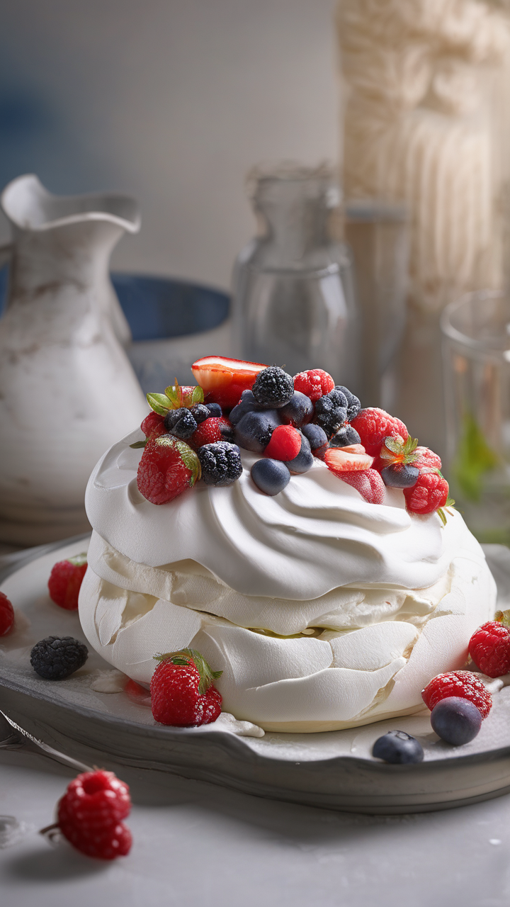 Berry pavlova being finished — cream added