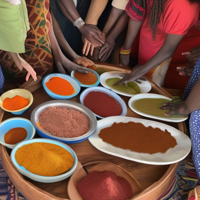 Ethiopian injera spread — colorful berbere stews on a communal tray