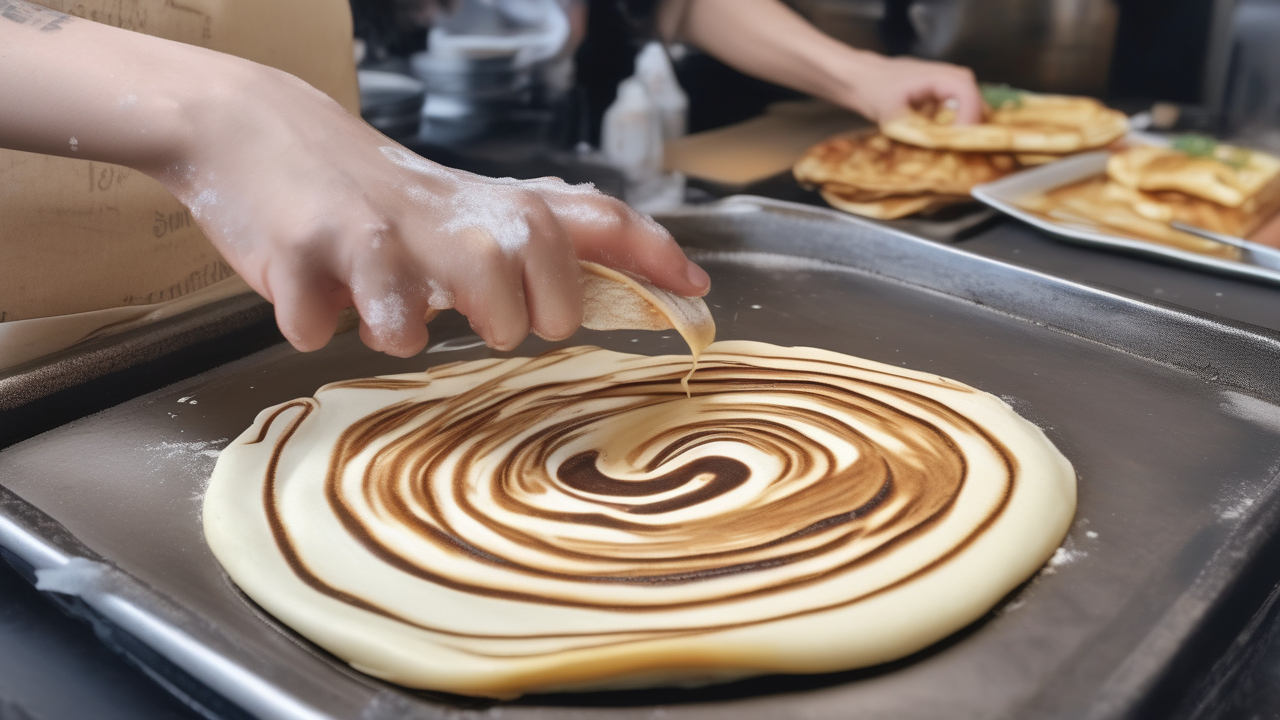 A crepe being made in Paris — batter spread on a hot griddle