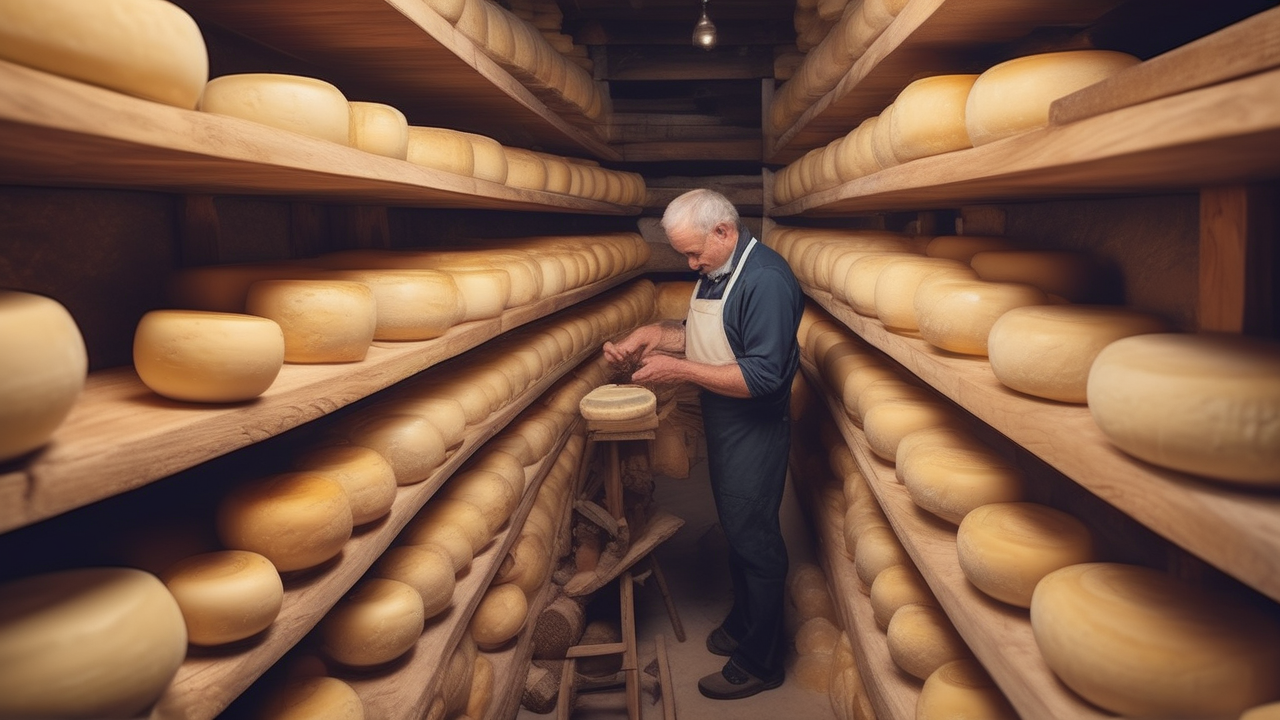 A cheese cave — aging wheels of parmesan on wooden shelves