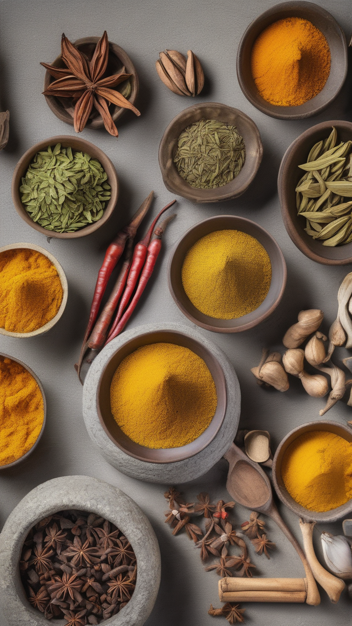 Fresh herbs and spices in an Indian kitchen — turmeric