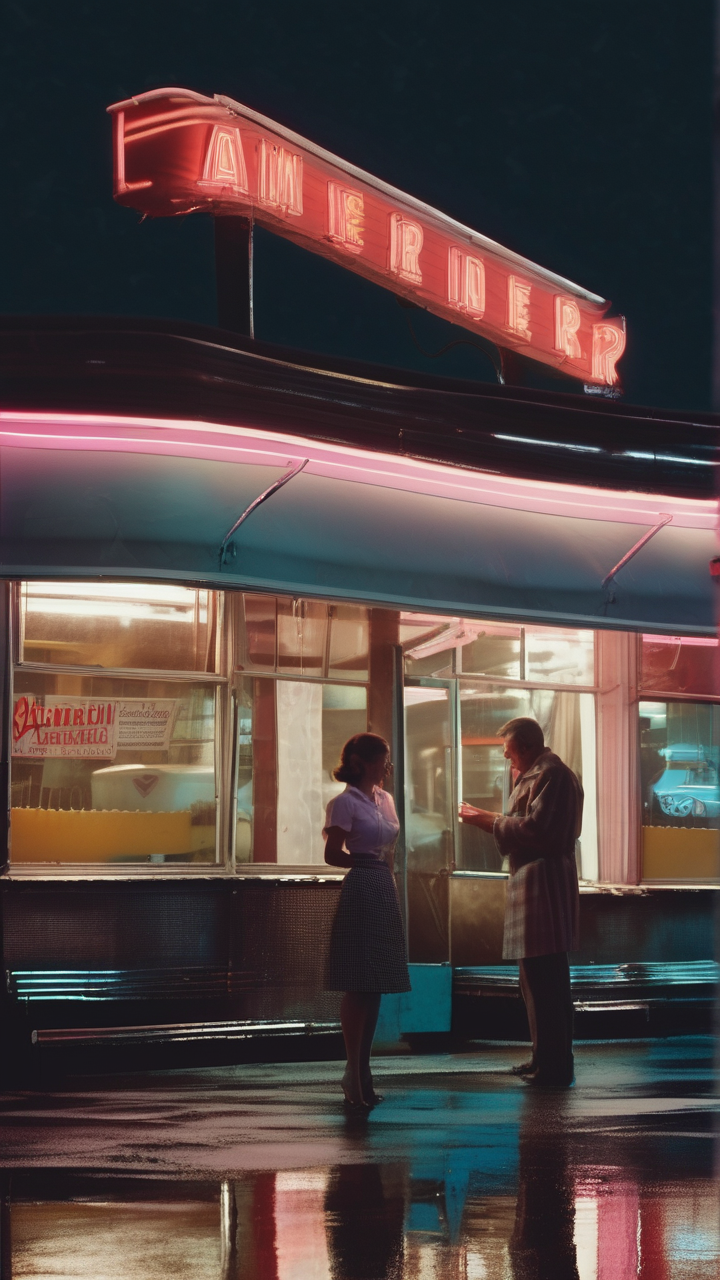 1950s American diner at night