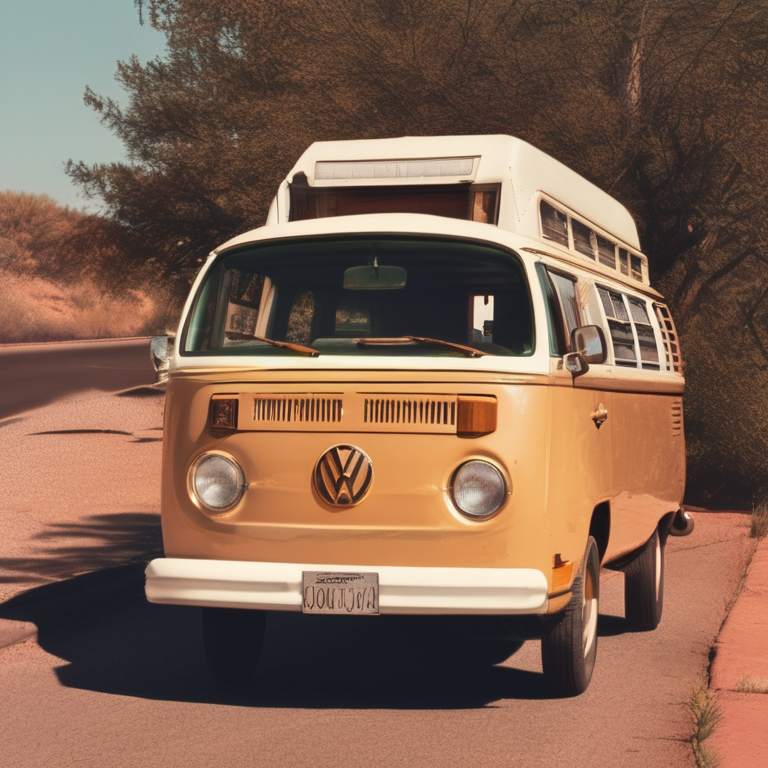 Vintage 1970s road trip — a VW campervan on Route 66 at sunset