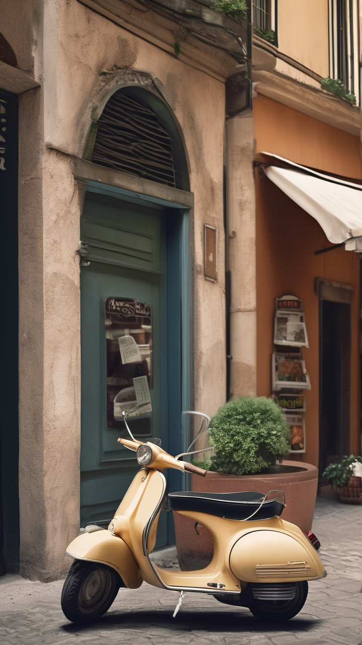 A 1960s Italian Vespa parked outside a Roman gelateria