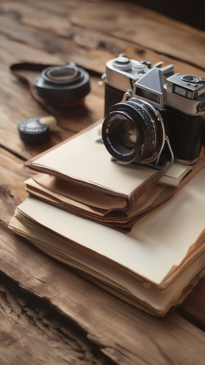 An old 35mm film camera on a wooden table