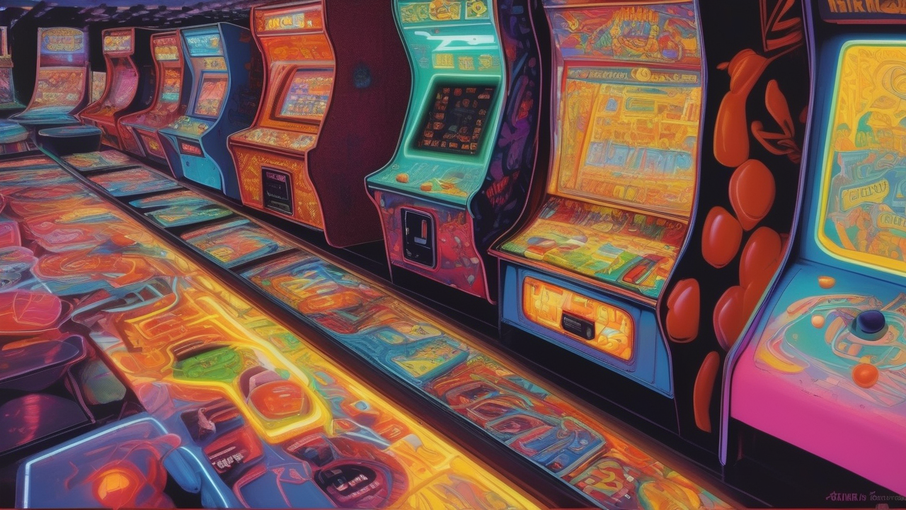 1980s arcade hall — rows of glowing games