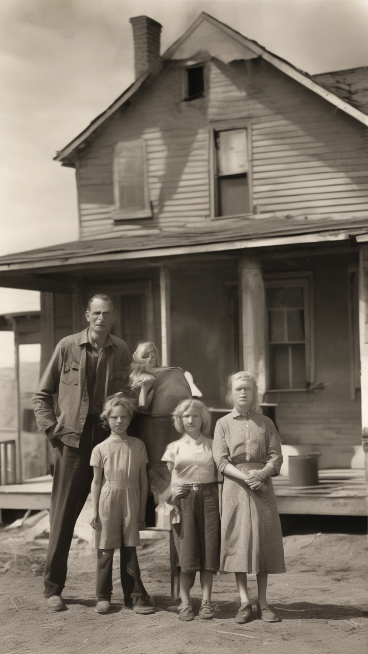 1930s Depression-era photo — a family in front of a modest home