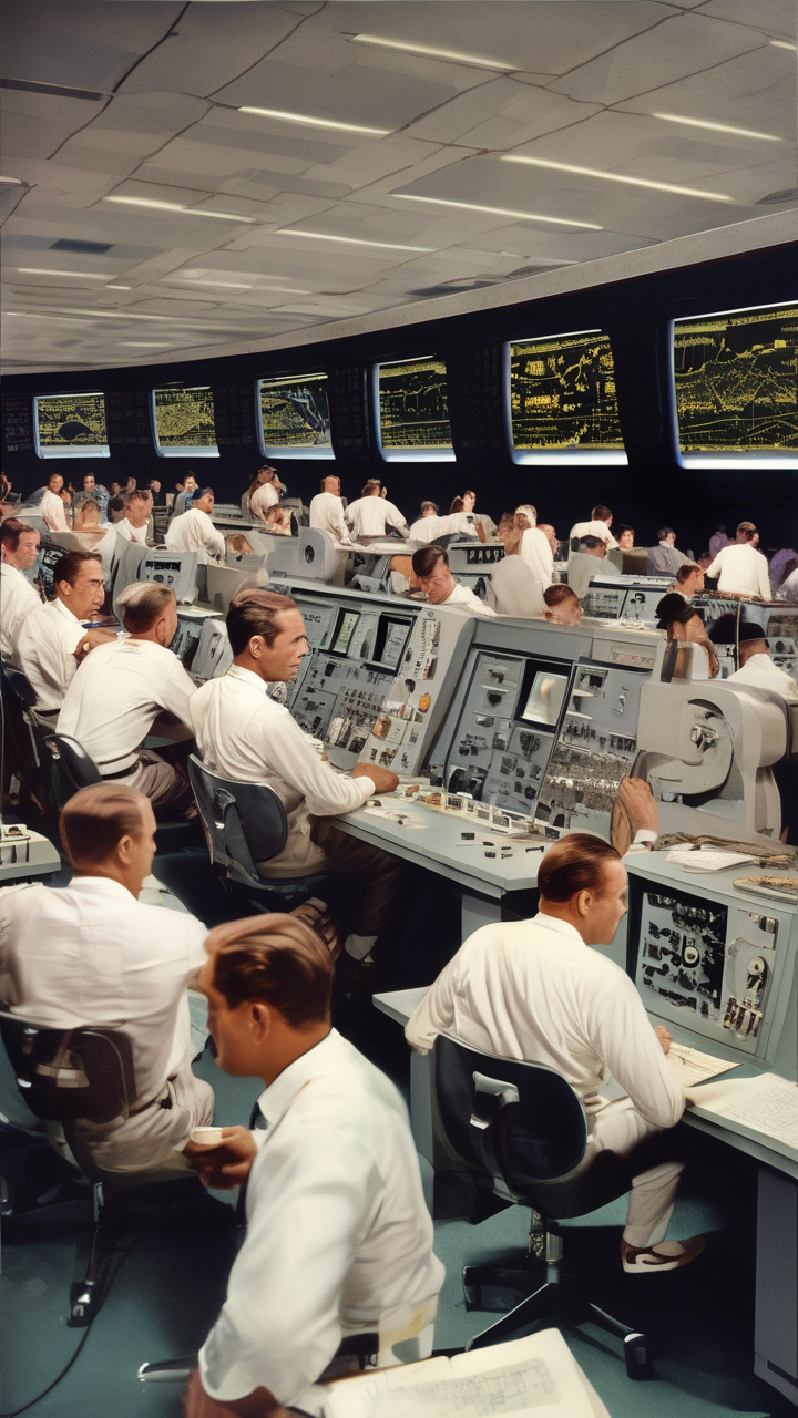 1960s NASA control room — rows of engineers in white shirts and ties