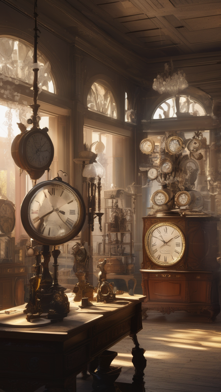 An antique shop interior — clocks