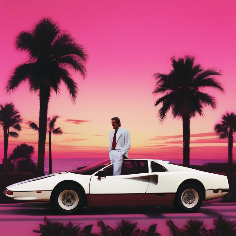 1980s Miami Vice aesthetic — a pink sunset