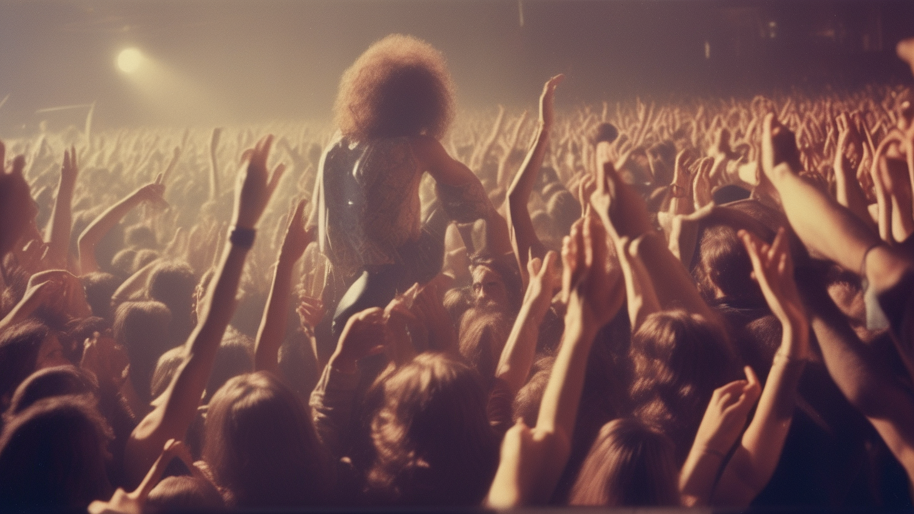 1970s concert photography — a rock star on stage