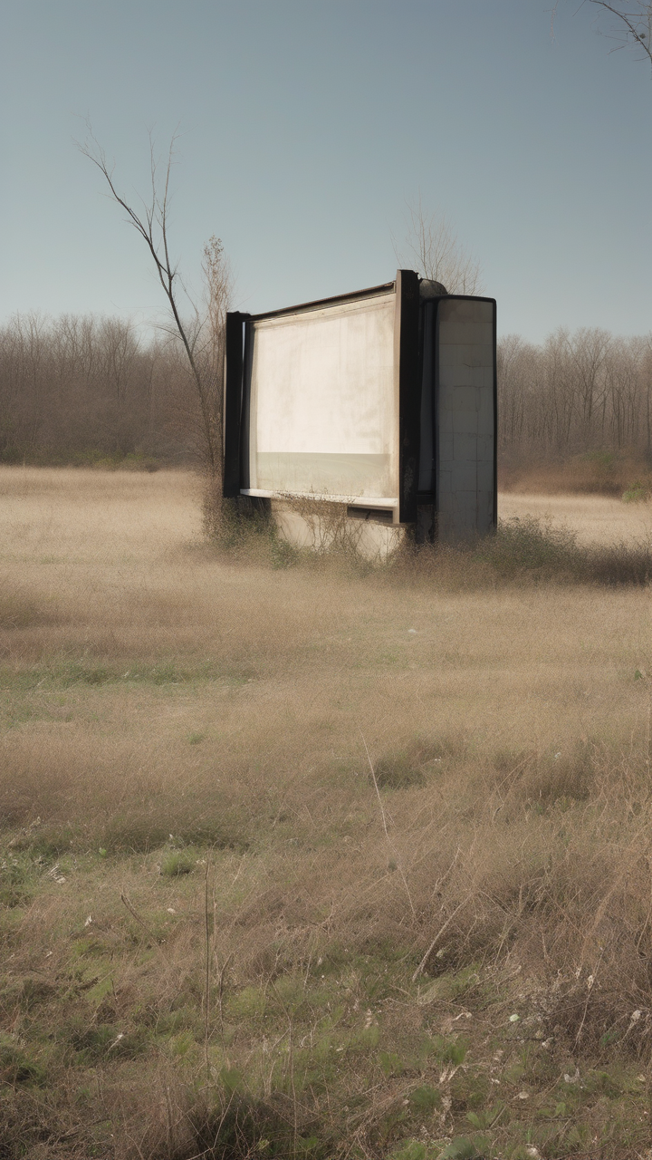 An abandoned drive-in movie screen in a field