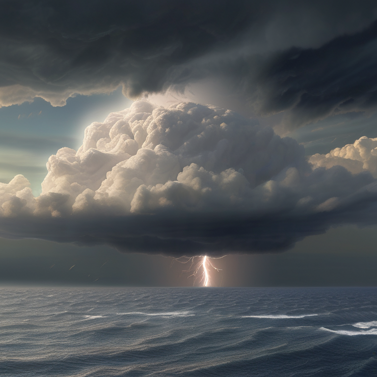 A summer thunderstorm building over the ocean — cumulonimbus tower 50