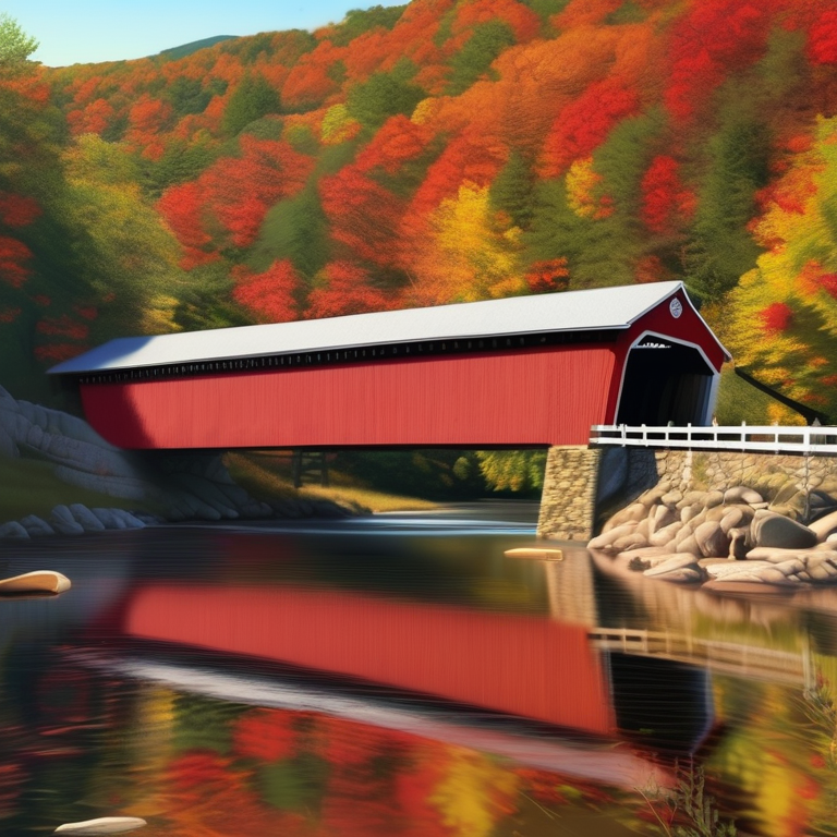 The peak of autumn in New England — a covered bridge in a valley of reds and golds