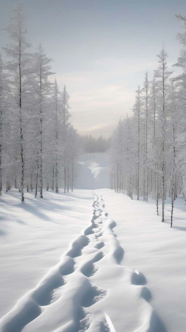 Fresh snow tracks of an animal across a white field — one set leading from the forest and back