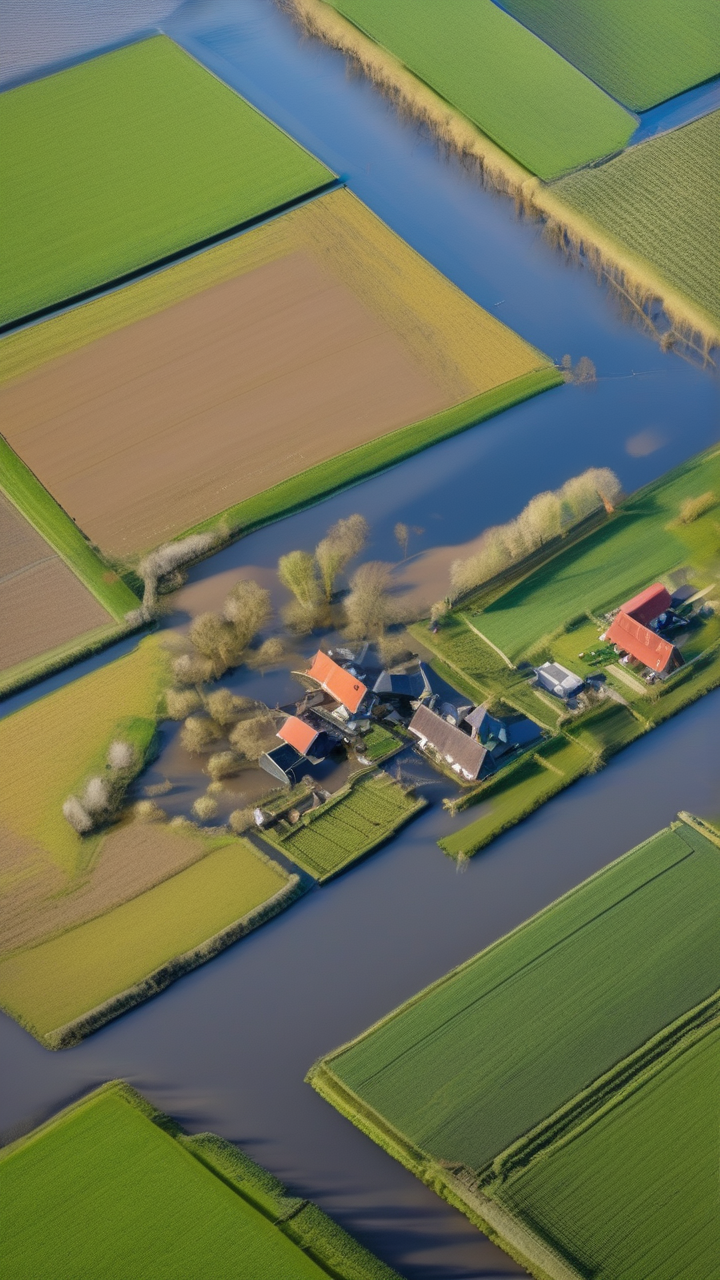 Spring flooding in a Dutch polder — farmhouses surrounded by water