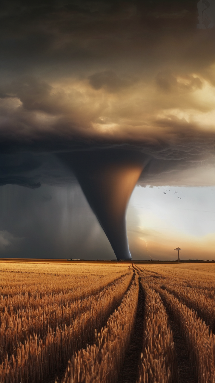 A tornado silhouetted against a setting sun in Kansas