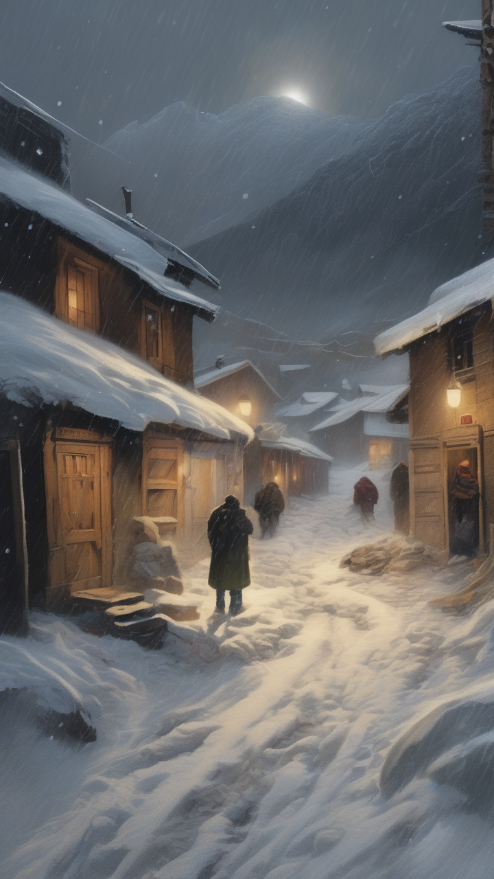 A blizzard in a mountain village at midnight — lights barely visible through the white