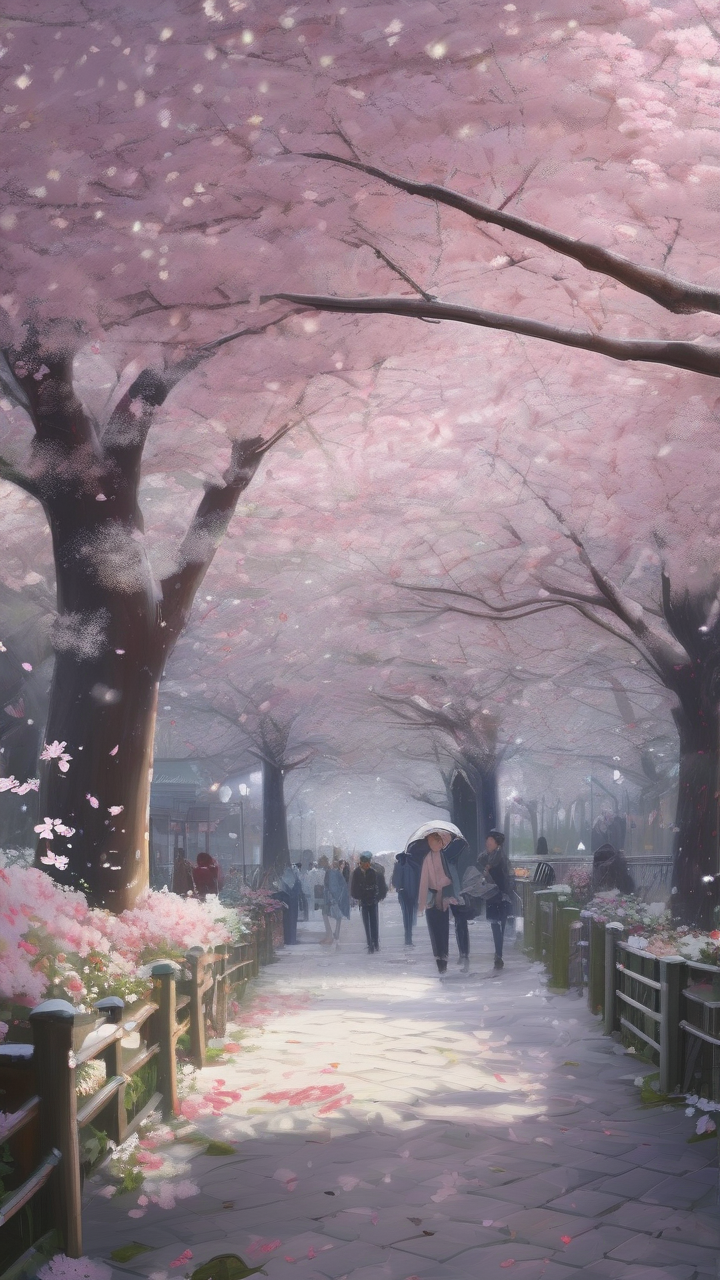 A cherry blossom snowstorm — petals falling so thick they look like snow