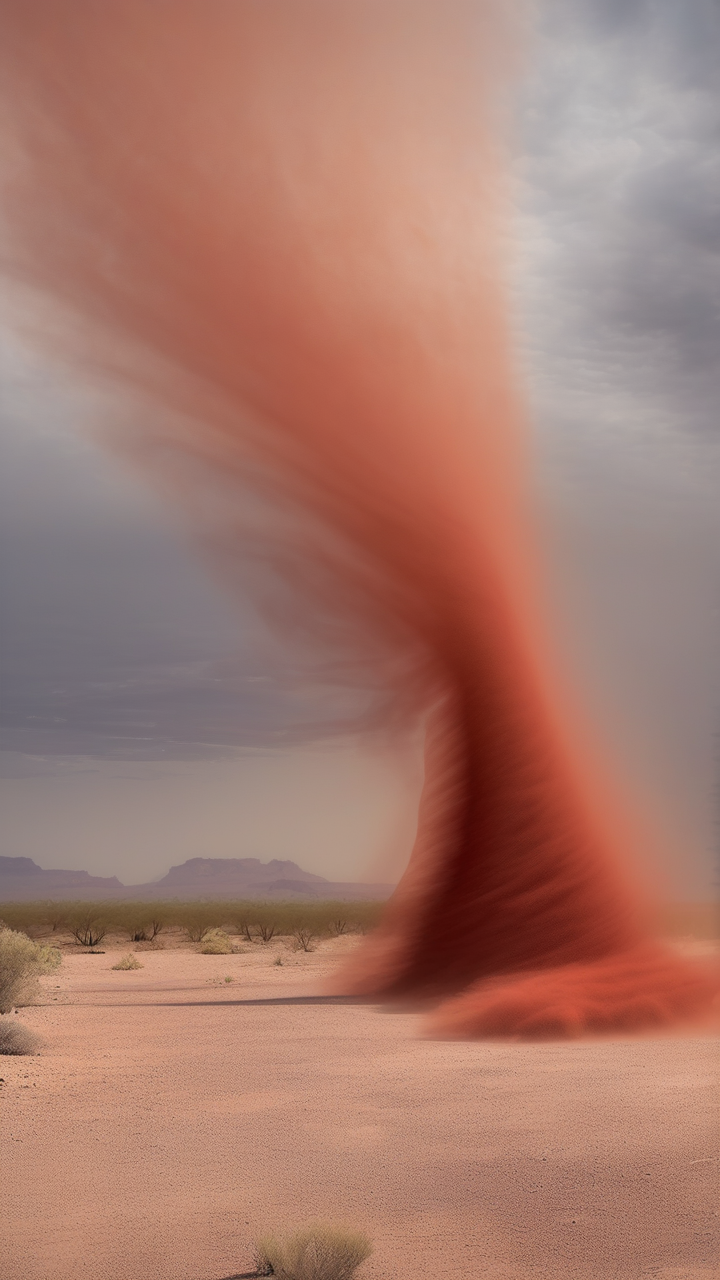 A dust devil in the Arizona desert — a spinning column of red dust catching the afternoon light