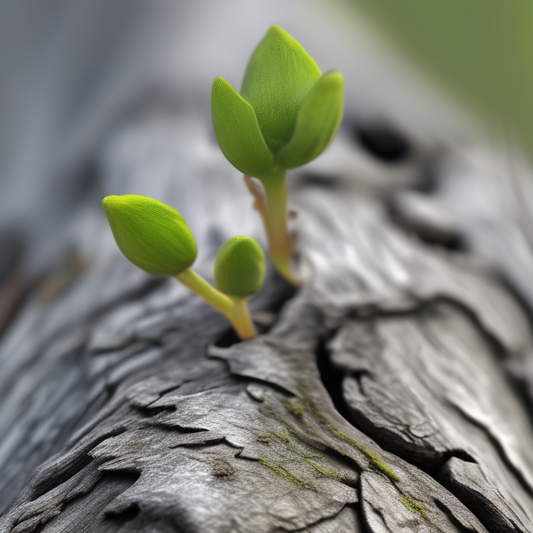 First buds on a tree after winter — closeup of tiny green against grey bark