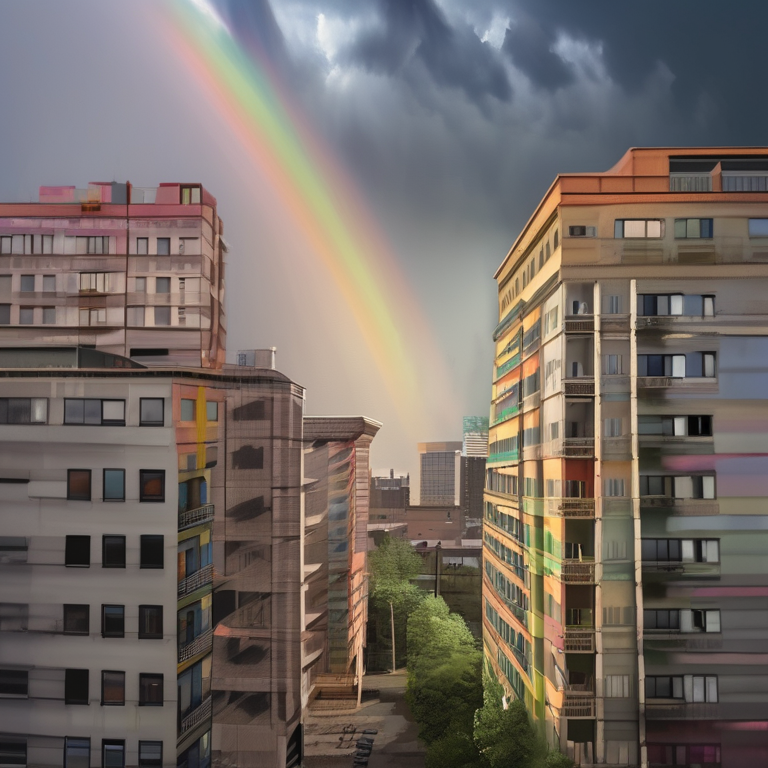 A full rainbow after a storm over a city