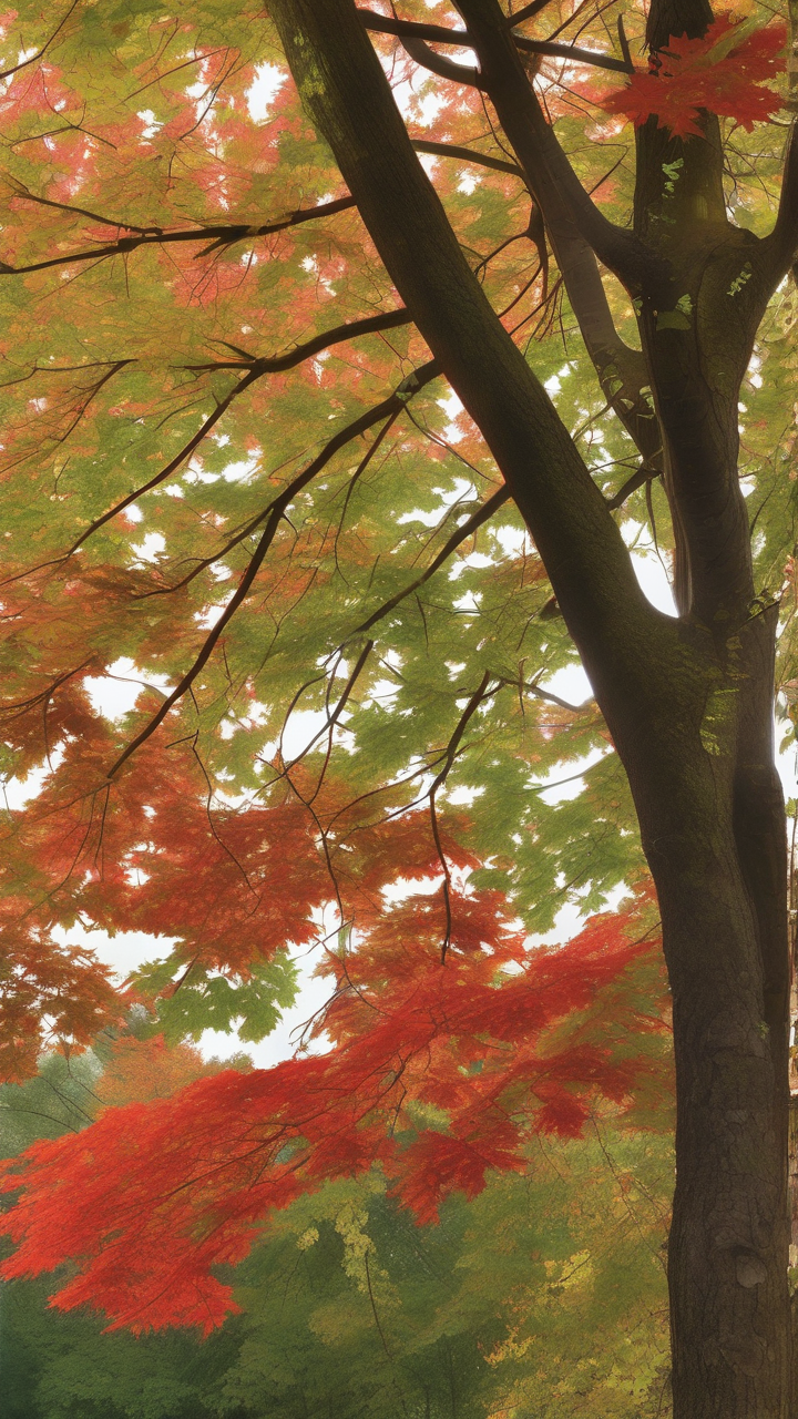 The precise moment of leaves turning — half-green